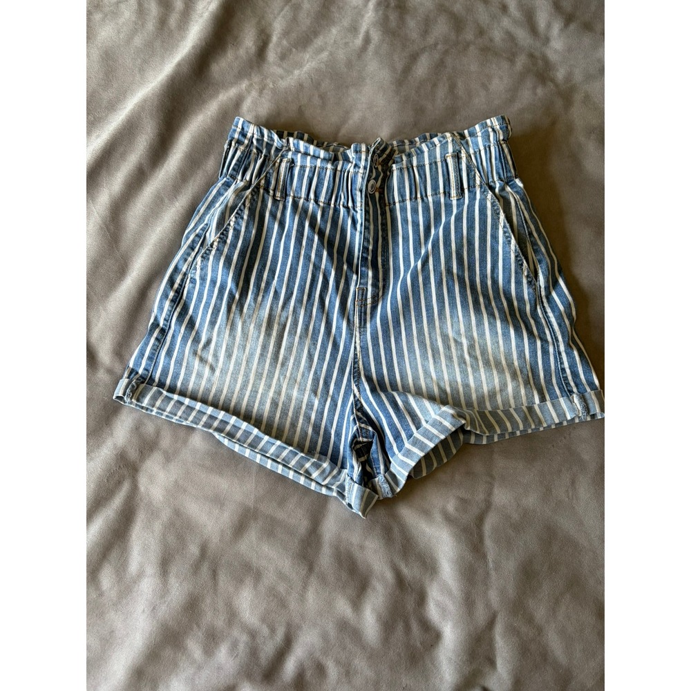 No Boundaries Striped High Waisted Paperbag Denim Shorts Blue White Large